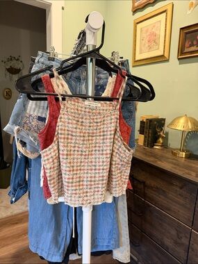 American Eagle Outfitters Cream and Red Plaid Lace-Trim Cami
